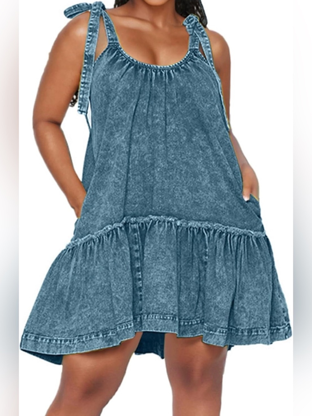 Denim Dress for Women Tie Shoulder Sleeveless Denim Mini Dress Casual Flowy - Picture 5 of 11